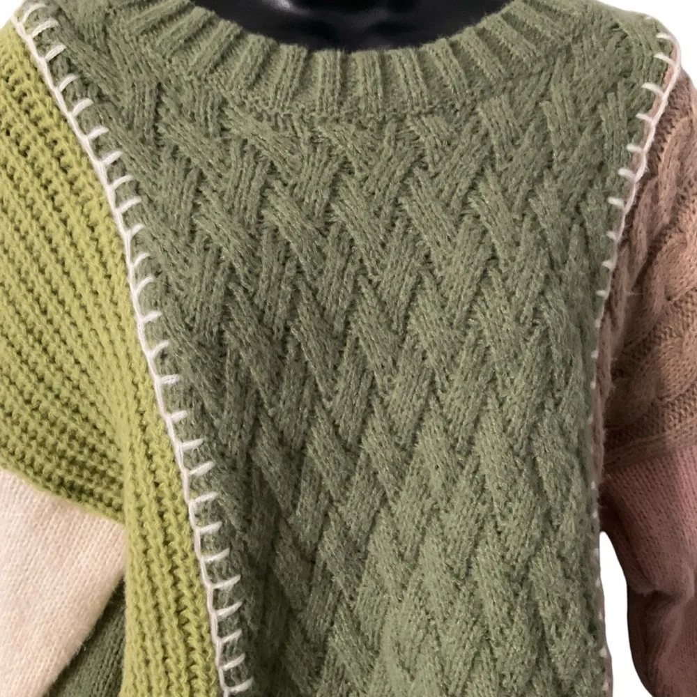 New In Colorblock Crop Sweater SZ S Women Cable Knit Long Sleeve Grunge Sporty‎